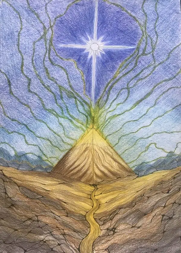 Neurographica drawing of the Lions Gate Activation Workshop and Lions Gate portal with a golden pyramid, energetic lines, and radiant star in a blue sky, symbolizing transformation and spiritual awakening. Picture used for Workshops, Blog & Cart link