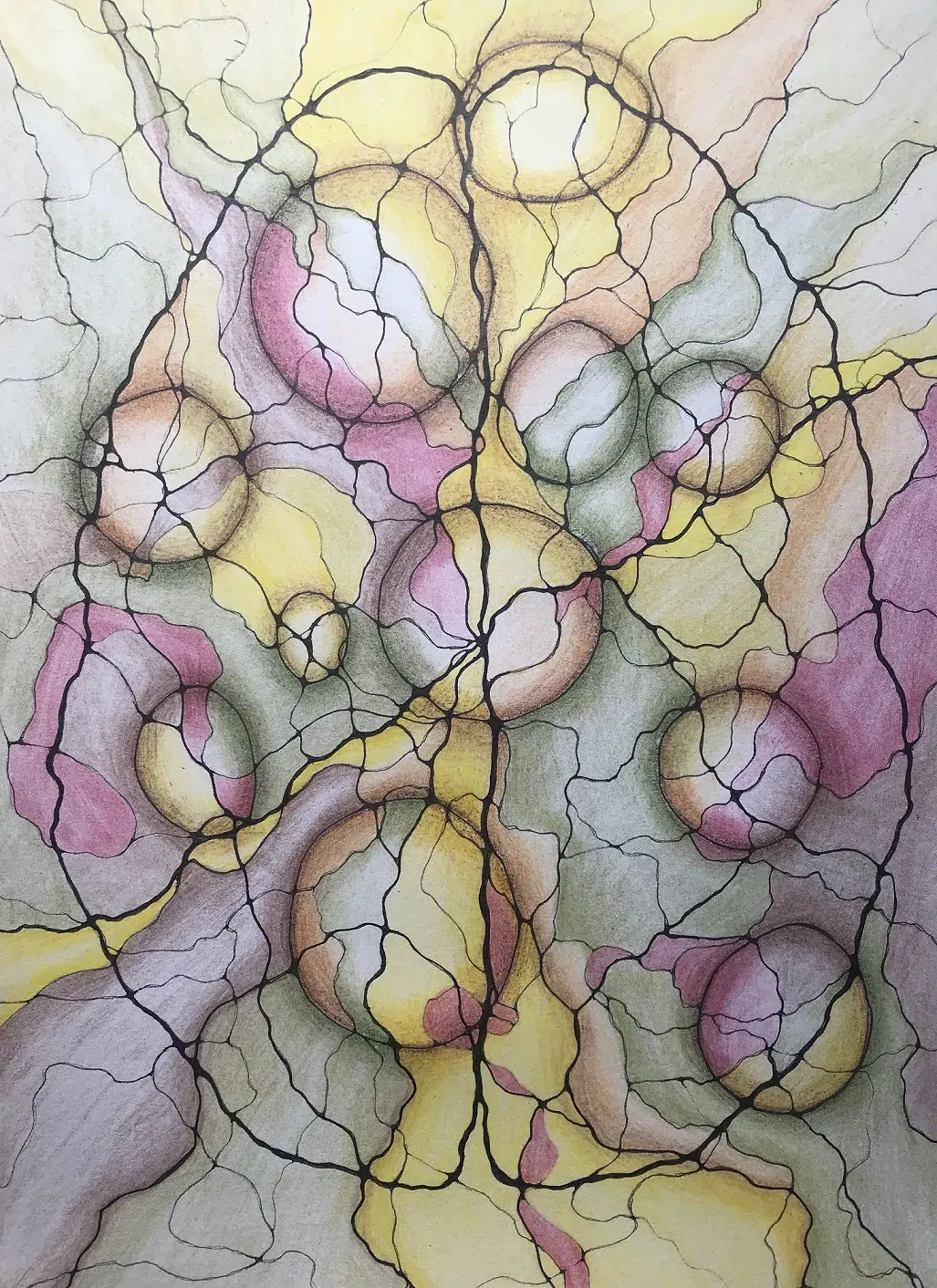 A hand-drawn Neuro Mind's Eye Neurographica artwork titled Neuro Mind’s Eye, with soft yellow, pink, green, and taupe tones flowing through black neural lines, symbolising imagination and inner vision. Used for Workshop, Products Mantra Mantra's Blog and Shop. Transform your life