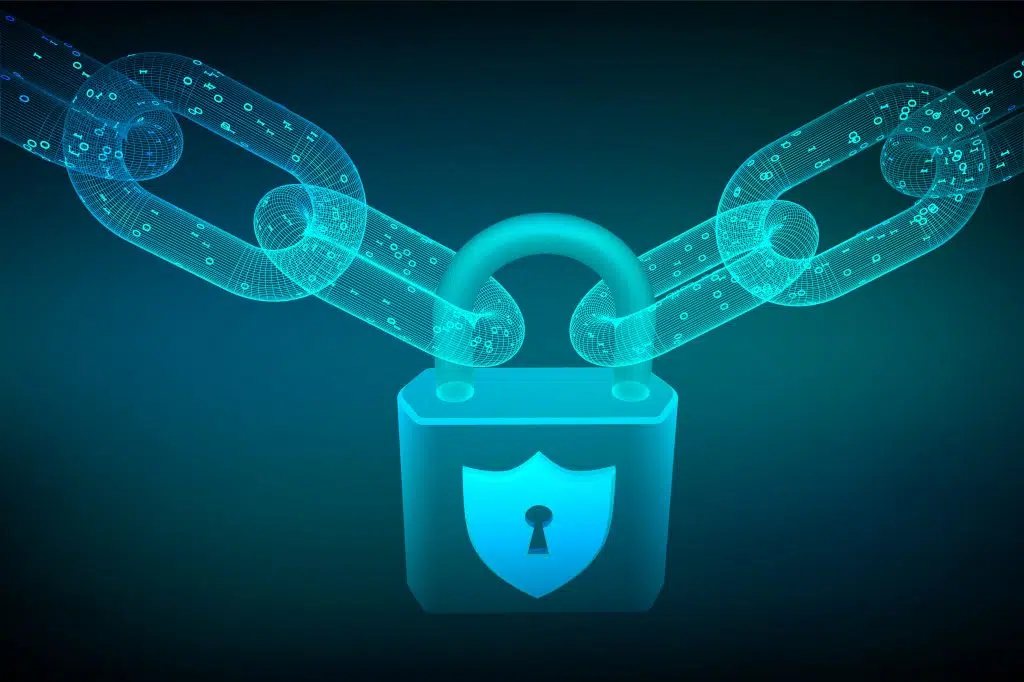 Privacy Policy 1 Digital padlock with binary-coded chains symbolizing data privacy and online security.