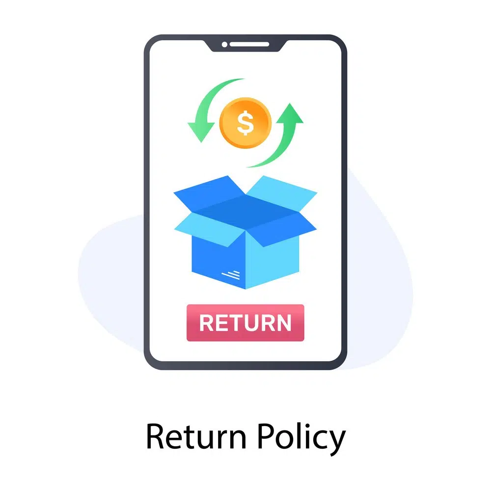 Returns & Refunds Policy 1 Smartphone screen displaying returns and refund policy icon with box, dollar sign, and arrows, representing an easy refund process.