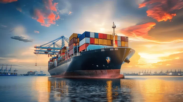 Shipping 1 A vibrant cargo ship carrying multicoloured containers packed with items sailing peacefully on calm, reflective waters under a beautiful sunset sky. This picture will be used for my Shipping page